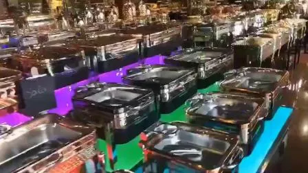 Otros suministros de hotel Equipo de servicio de acero inoxidable Exhibición de comida de buffet Juego de calentador de comida eléctrico Plato de frotamiento